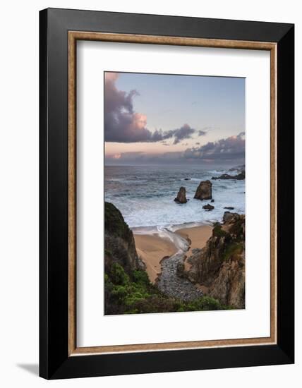 Stream flowing into the Pacific Ocean at Soberanes Point with the coastline in view-Sheila Haddad-Framed Photographic Print