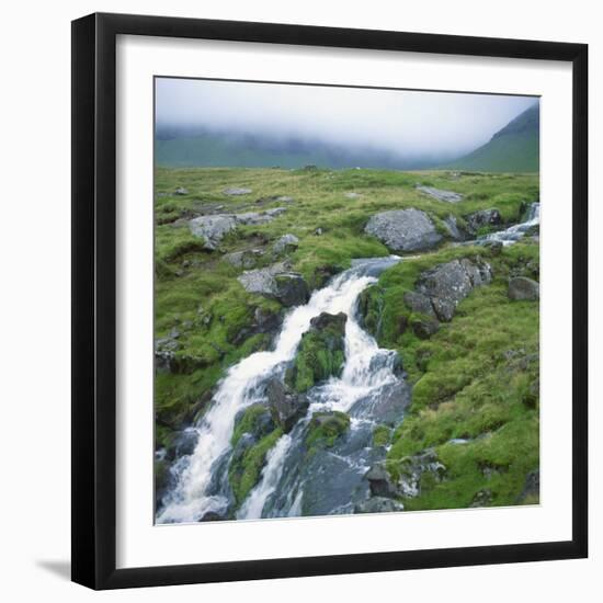 Stream Rushing over Rocks in a Wet Misty Environment, Estoroy Island, Faroe Islands, Denmark-David Lomax-Framed Photographic Print