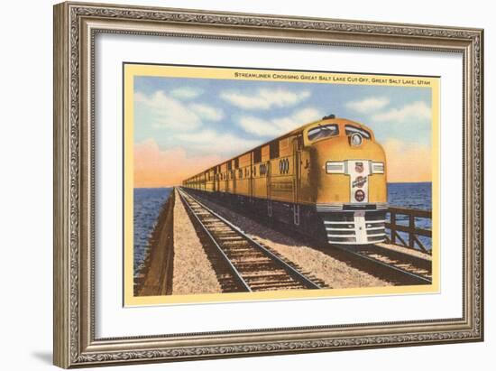 Streamlined Train Crossing Great Salt Lake, Utah-null-Framed Art Print