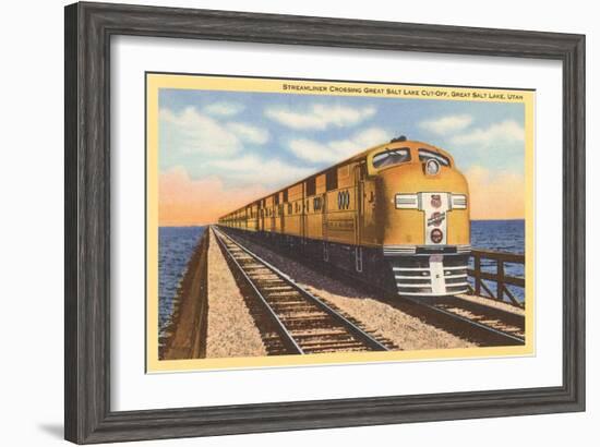 Streamlined Train Crossing Great Salt Lake, Utah-null-Framed Art Print