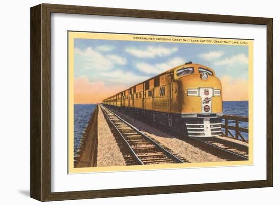 Streamlined Train Crossing Great Salt Lake, Utah-null-Framed Art Print