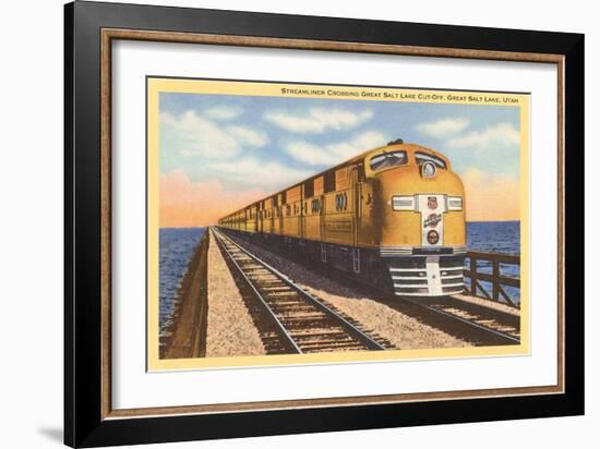 Streamlined Train Crossing Great Salt Lake, Utah-null-Framed Art Print