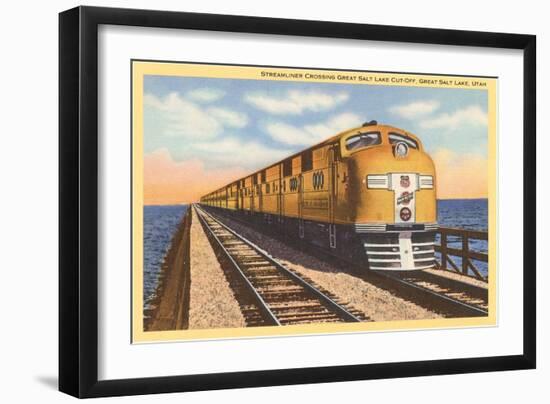 Streamlined Train Crossing Great Salt Lake, Utah-null-Framed Art Print