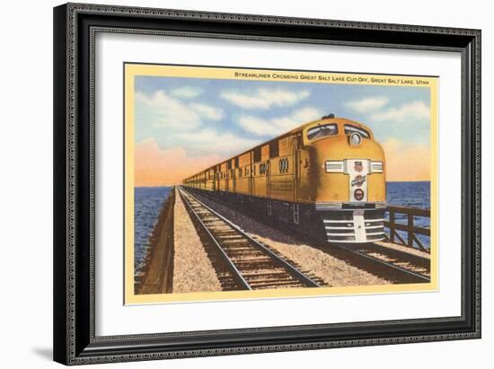 Streamlined Train Crossing Great Salt Lake, Utah-null-Framed Art Print