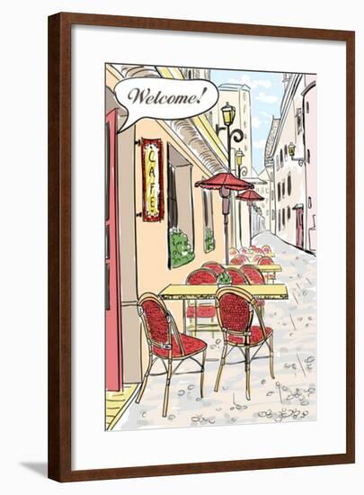 Street Cafe In Old Town Sketch Illustration-Selenka-Framed Art Print