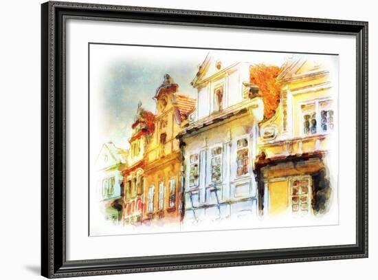 Street In Old Part Of Prague Made In Artistic Watercolor Style With Texture-Timofeeva Maria-Framed Art Print