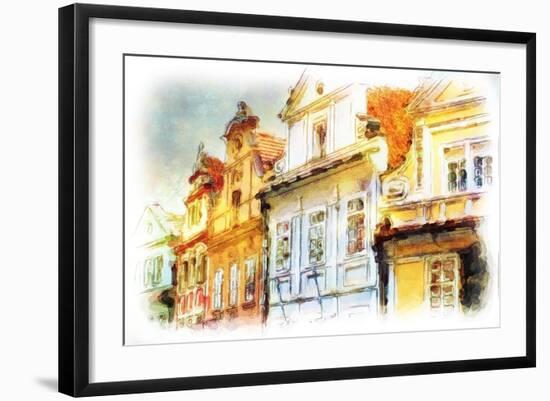 Street In Old Part Of Prague Made In Artistic Watercolor Style With Texture-Timofeeva Maria-Framed Art Print