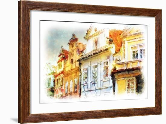 Street In Old Part Of Prague Made In Artistic Watercolor Style With Texture-Timofeeva Maria-Framed Art Print