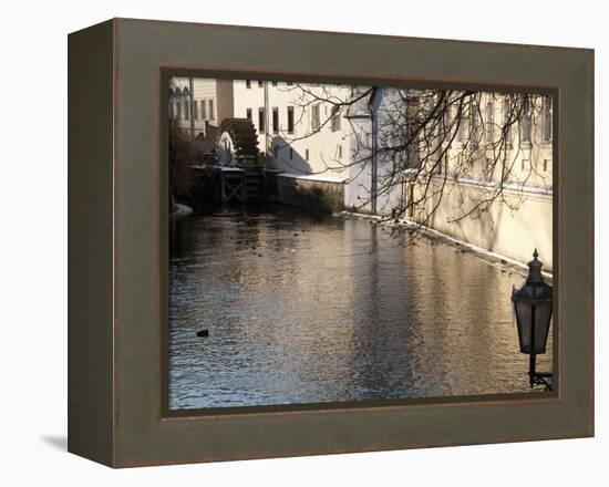 Street Lamp With Icicles and Mill Wheel at Certovka Canal, Mala Strana, Prague, Czech Republic-Richard Nebesky-Framed Premier Image Canvas