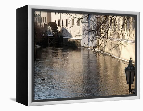 Street Lamp With Icicles and Mill Wheel at Certovka Canal, Mala Strana, Prague, Czech Republic-Richard Nebesky-Framed Premier Image Canvas