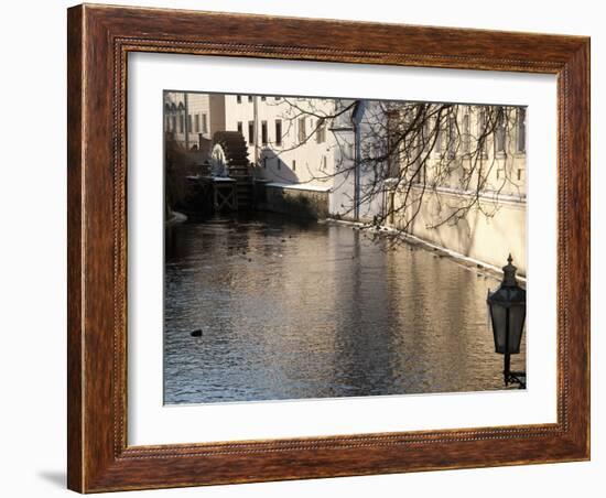 Street Lamp With Icicles and Mill Wheel at Certovka Canal, Mala Strana, Prague, Czech Republic-Richard Nebesky-Framed Photographic Print