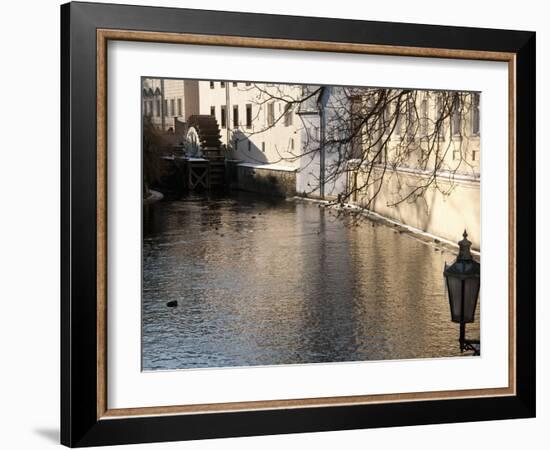 Street Lamp With Icicles and Mill Wheel at Certovka Canal, Mala Strana, Prague, Czech Republic-Richard Nebesky-Framed Photographic Print