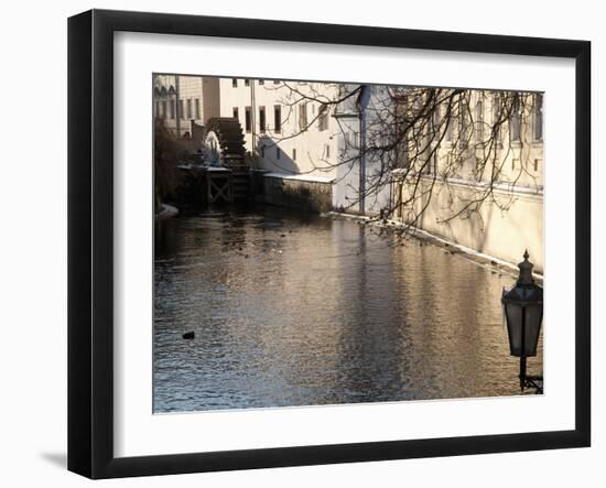 Street Lamp With Icicles and Mill Wheel at Certovka Canal, Mala Strana, Prague, Czech Republic-Richard Nebesky-Framed Photographic Print