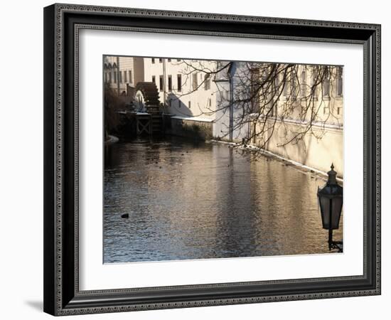 Street Lamp With Icicles and Mill Wheel at Certovka Canal, Mala Strana, Prague, Czech Republic-Richard Nebesky-Framed Photographic Print