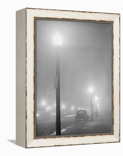 Street Lights Glow on a Foggy Night in New Bedford, Massachusetts, Jan, 1941-null-Framed Stretched Canvas