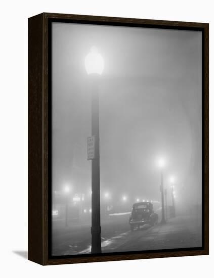 Street Lights Glow on a Foggy Night in New Bedford, Massachusetts, Jan, 1941-null-Framed Stretched Canvas