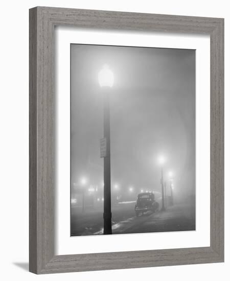 Street Lights Glow on a Foggy Night in New Bedford, Massachusetts, Jan, 1941-null-Framed Photo