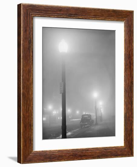 Street Lights Glow on a Foggy Night in New Bedford, Massachusetts, Jan, 1941-null-Framed Photo