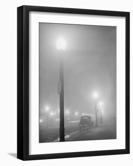 Street Lights Glow on a Foggy Night in New Bedford, Massachusetts, Jan, 1941-null-Framed Photo