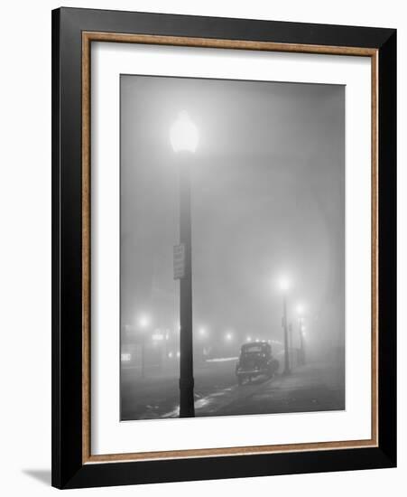 Street Lights Glow on a Foggy Night in New Bedford, Massachusetts, Jan, 1941-null-Framed Photo