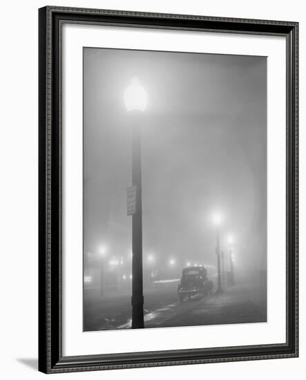 Street Lights Glow on a Foggy Night in New Bedford, Massachusetts, Jan, 1941-null-Framed Photo