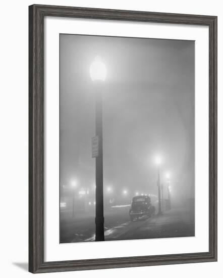 Street Lights Glow on a Foggy Night in New Bedford, Massachusetts, Jan, 1941-null-Framed Photo