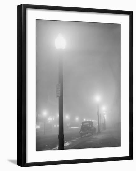 Street Lights Glow on a Foggy Night in New Bedford, Massachusetts, Jan, 1941-null-Framed Photo