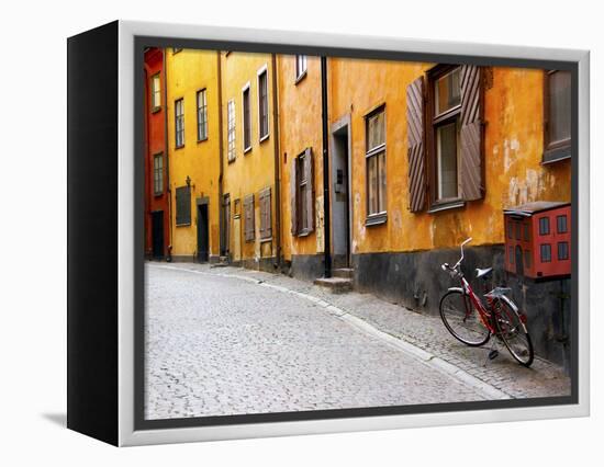 Street Scene in Gamla Stan Section with Bicycle and Mailbox, Stockholm, Sweden-Nancy & Steve Ross-Framed Premier Image Canvas