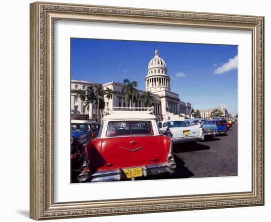 Street Scene of Taxis Parked Near the Capitolio Building in Central Havana, Cuba, West Indies-Mark Mawson-Framed Photographic Print