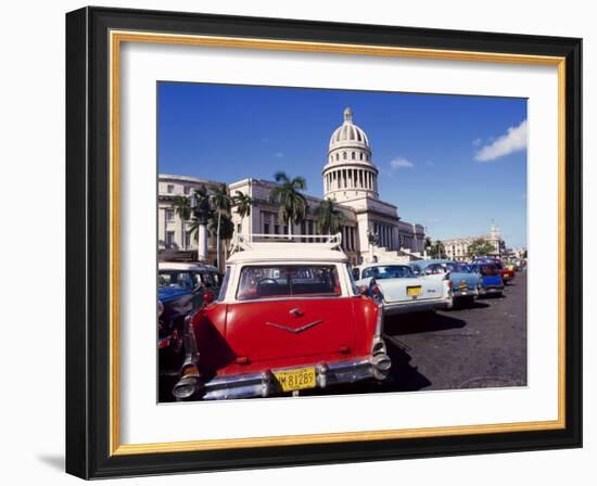 Street Scene of Taxis Parked Near the Capitolio Building in Central Havana, Cuba, West Indies-Mark Mawson-Framed Photographic Print