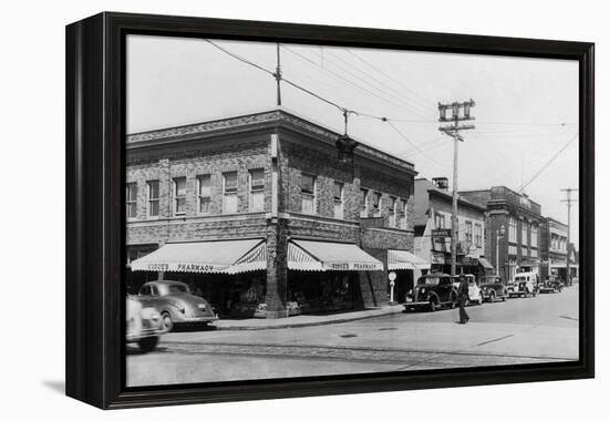 Street Scene, View of Vioue's Pharmacy - Renton, WA-Lantern Press-Framed Stretched Canvas