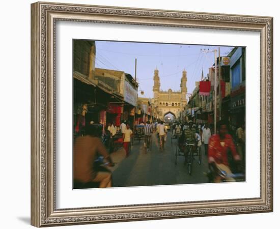 Street Scene with Bicycles and Rickshaw and the Char Minar Triumphal Arch Built in 1591, India-John Henry Claude Wilson-Framed Photographic Print