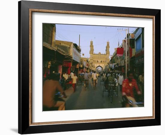 Street Scene with Bicycles and Rickshaw and the Char Minar Triumphal Arch Built in 1591, India-John Henry Claude Wilson-Framed Photographic Print