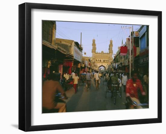 Street Scene with Bicycles and Rickshaw and the Char Minar Triumphal Arch Built in 1591, India-John Henry Claude Wilson-Framed Photographic Print