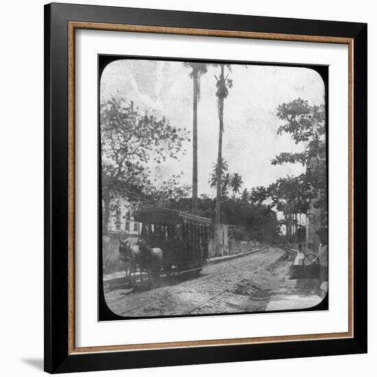 Street Scene with Horse-Drawn Tram, Pernambuco, Brazil, Late 19th or Early 20th Century-null-Framed Photographic Print