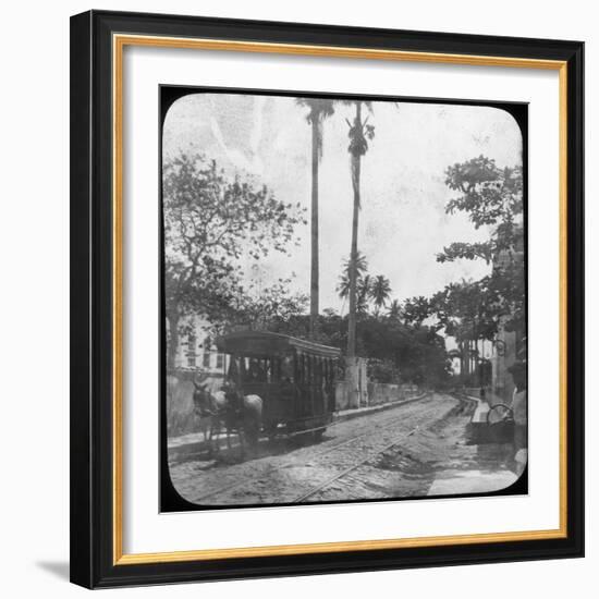 Street Scene with Horse-Drawn Tram, Pernambuco, Brazil, Late 19th or Early 20th Century-null-Framed Photographic Print