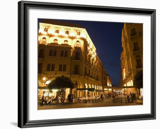 Street Side Cafe Area, Place d'Etoile (Nejmeh Square) at Night, Downtown, Beirut, Lebanon-Christian Kober-Framed Photographic Print