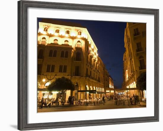 Street Side Cafe Area, Place d'Etoile (Nejmeh Square) at Night, Downtown, Beirut, Lebanon-Christian Kober-Framed Photographic Print