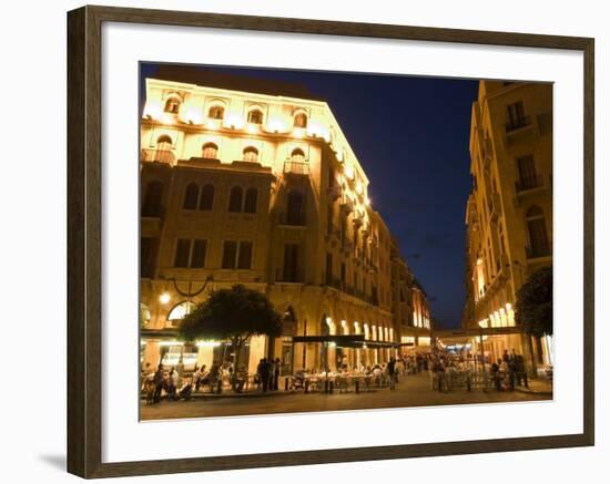 Street Side Cafe Area, Place d'Etoile (Nejmeh Square) at Night, Downtown, Beirut, Lebanon-Christian Kober-Framed Photographic Print