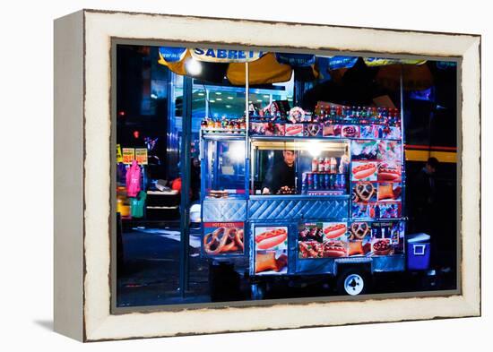 Street Vendor Selling Hot Dogs on Times Square at Night, Manhatt-Sabine Jacobs-Framed Premier Image Canvas