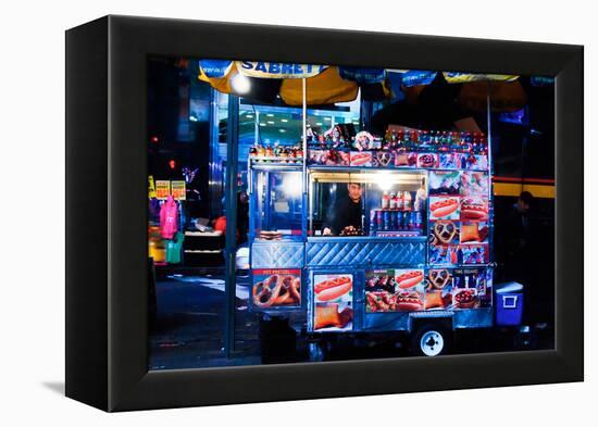 Street Vendor Selling Hot Dogs on Times Square at Night, Manhatt-Sabine Jacobs-Framed Premier Image Canvas