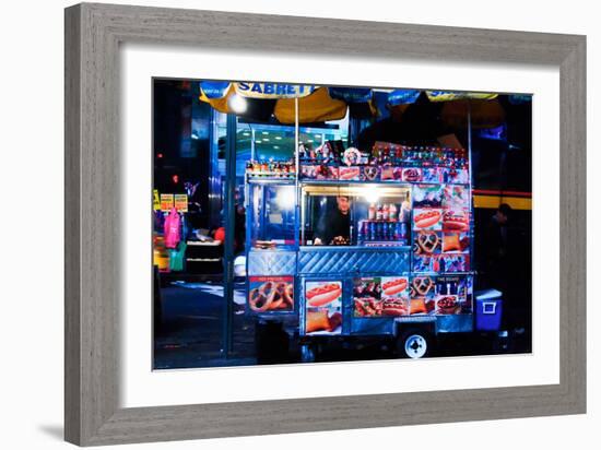 Street Vendor Selling Hot Dogs on Times Square at Night, Manhatt-Sabine Jacobs-Framed Photographic Print