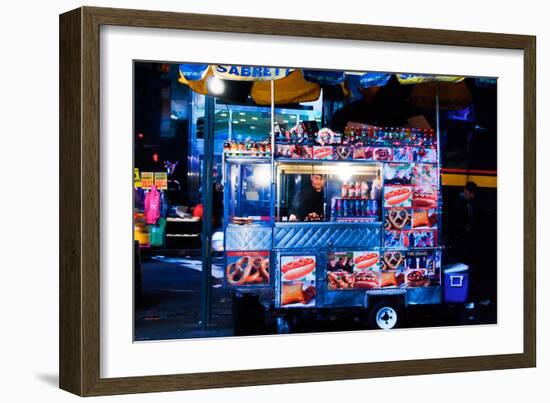 Street Vendor Selling Hot Dogs on Times Square at Night, Manhatt-Sabine Jacobs-Framed Photographic Print