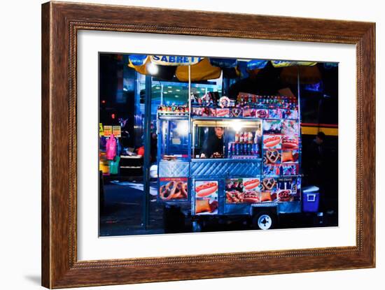 Street Vendor Selling Hot Dogs on Times Square at Night, Manhatt-Sabine Jacobs-Framed Photographic Print