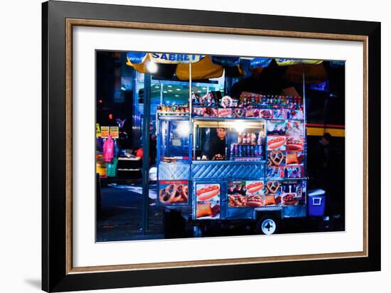 Street Vendor Selling Hot Dogs on Times Square at Night, Manhatt-Sabine Jacobs-Framed Photographic Print