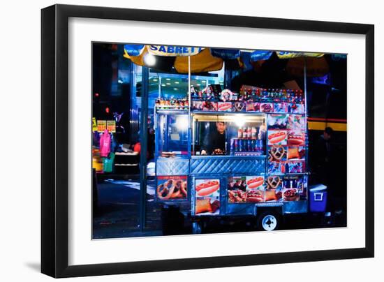 Street Vendor Selling Hot Dogs on Times Square at Night, Manhatt-Sabine Jacobs-Framed Photographic Print