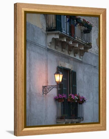 Streetlights on Via R. Settimo, Ortygia Island, Syracuse, Sicily, Italy-Walter Bibikow-Framed Premier Image Canvas