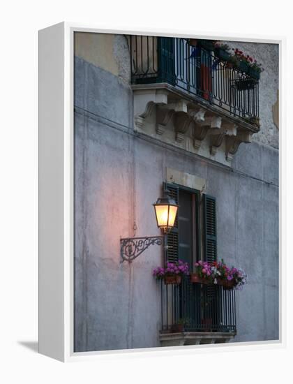 Streetlights on Via R. Settimo, Ortygia Island, Syracuse, Sicily, Italy-Walter Bibikow-Framed Premier Image Canvas