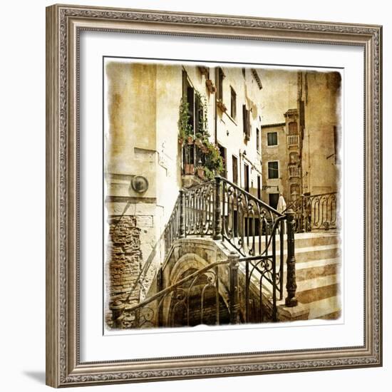 Streets Of Old Venice -Picture In Retro Style-Maugli-l-Framed Premium Giclee Print