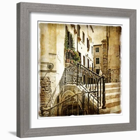 Streets Of Old Venice -Picture In Retro Style-Maugli-l-Framed Premium Giclee Print